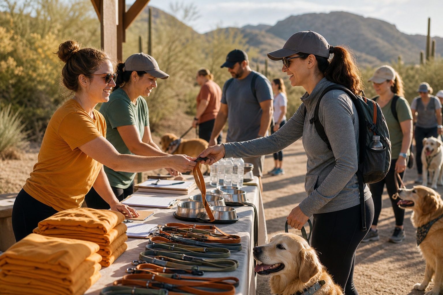 Families meeting rescue dogs at an adoption booth