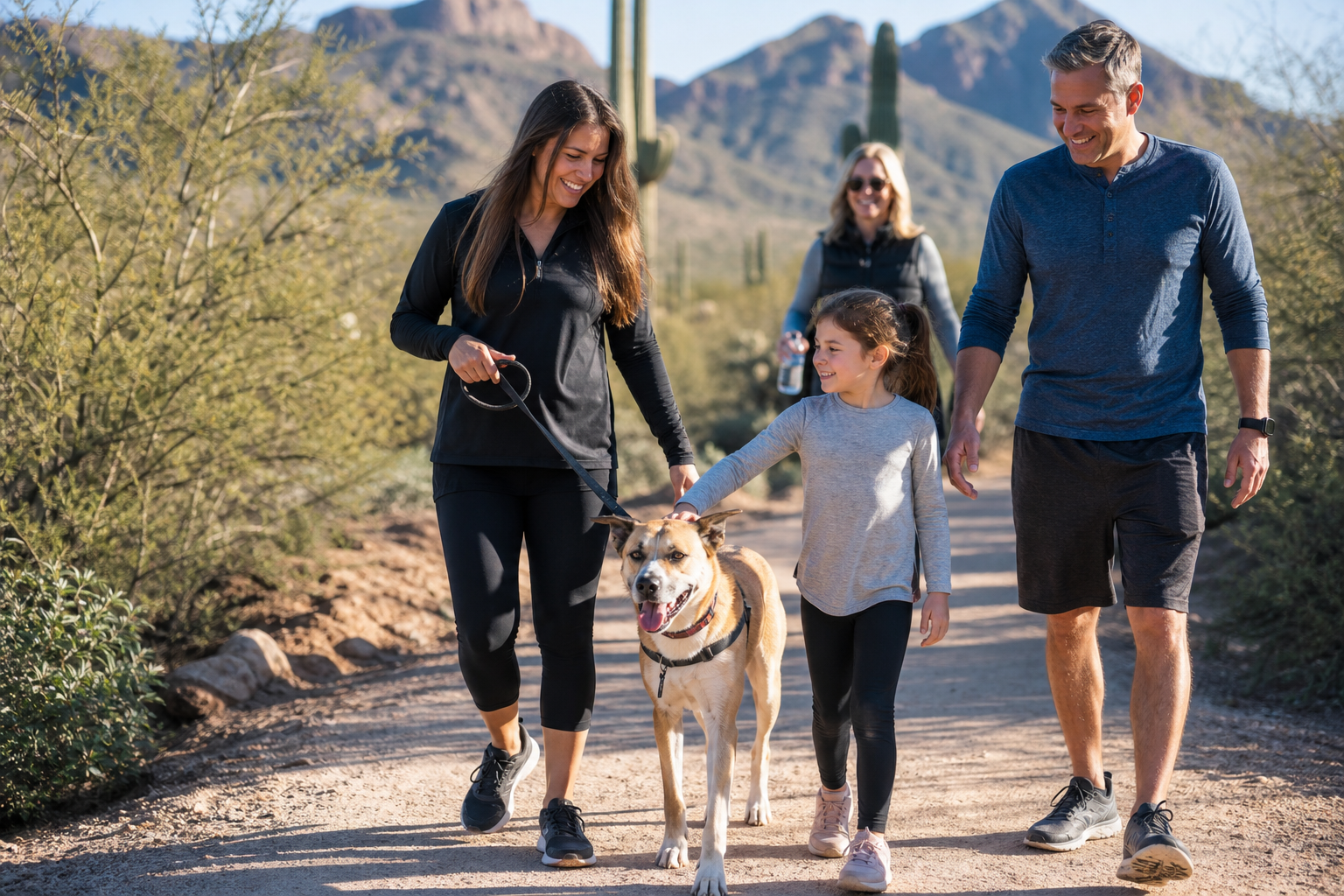 A family walking with a rescue dog after the event