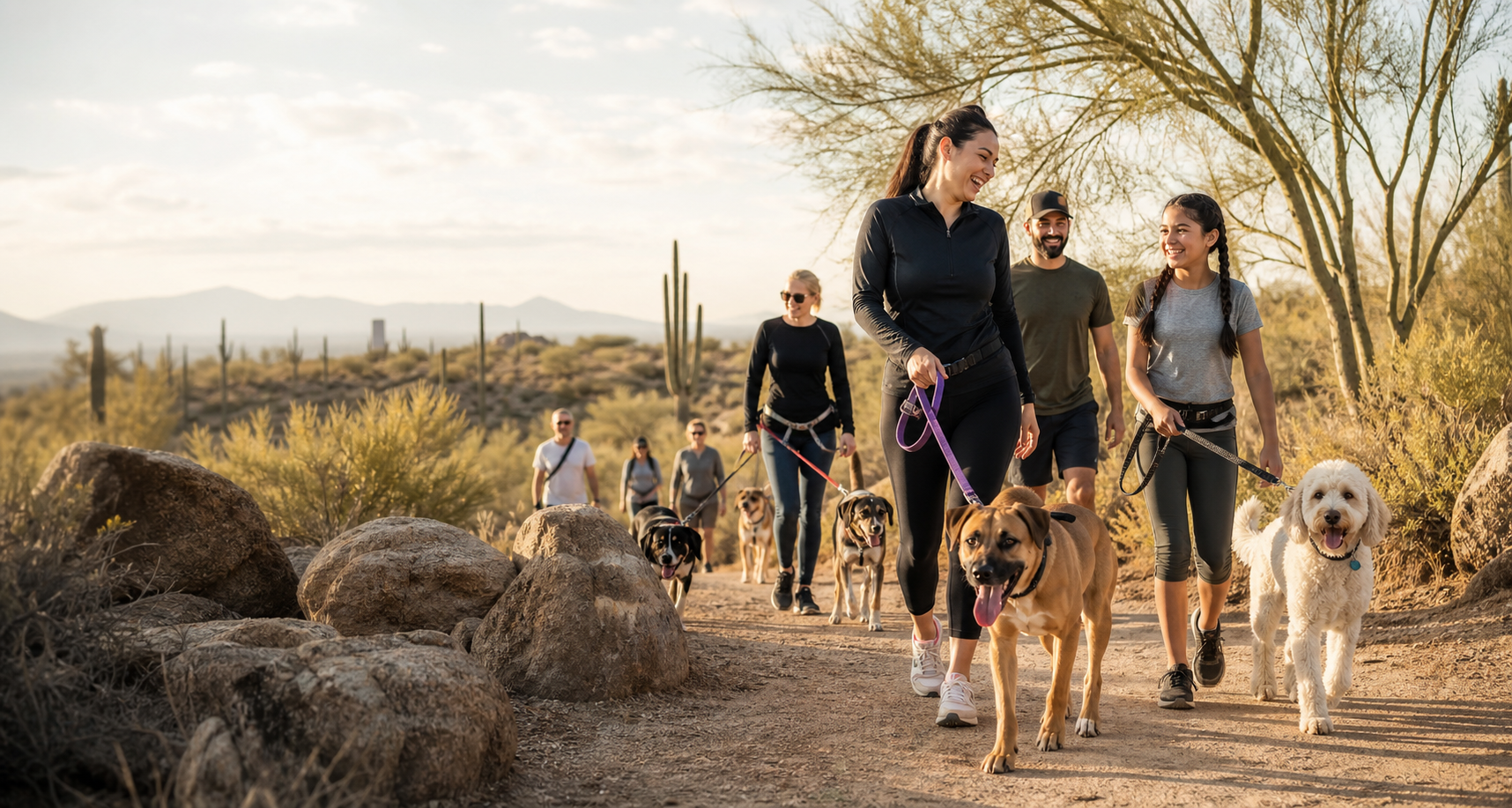 Families and volunteers walking rescue dogs on a warm desert trail
